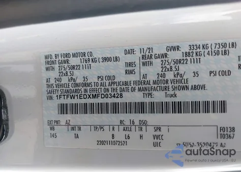 2021 Ford F-150 Limited from USA, damaged, VIN 1FTFW1EDXMFD03428